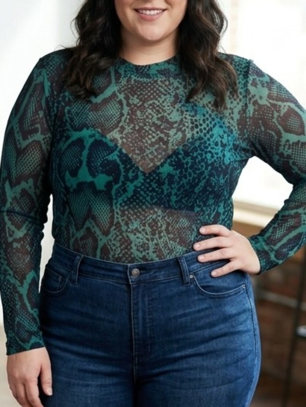 [[SHEIN]] Green & Black Long Sleeve Mesh Snake-Print Top